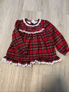 Little Me Red Plaid Lace-Trim Long Sleeve Dress